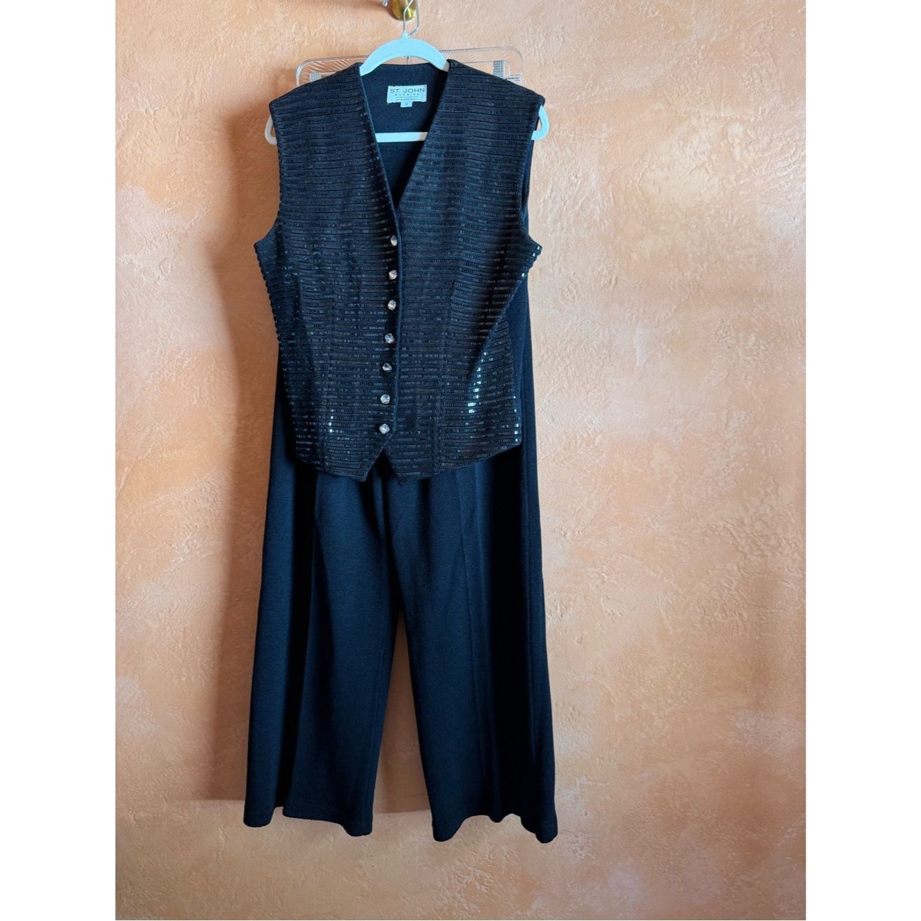 St John Evening 3 Piece Embellished Knit Pant Set Black 12